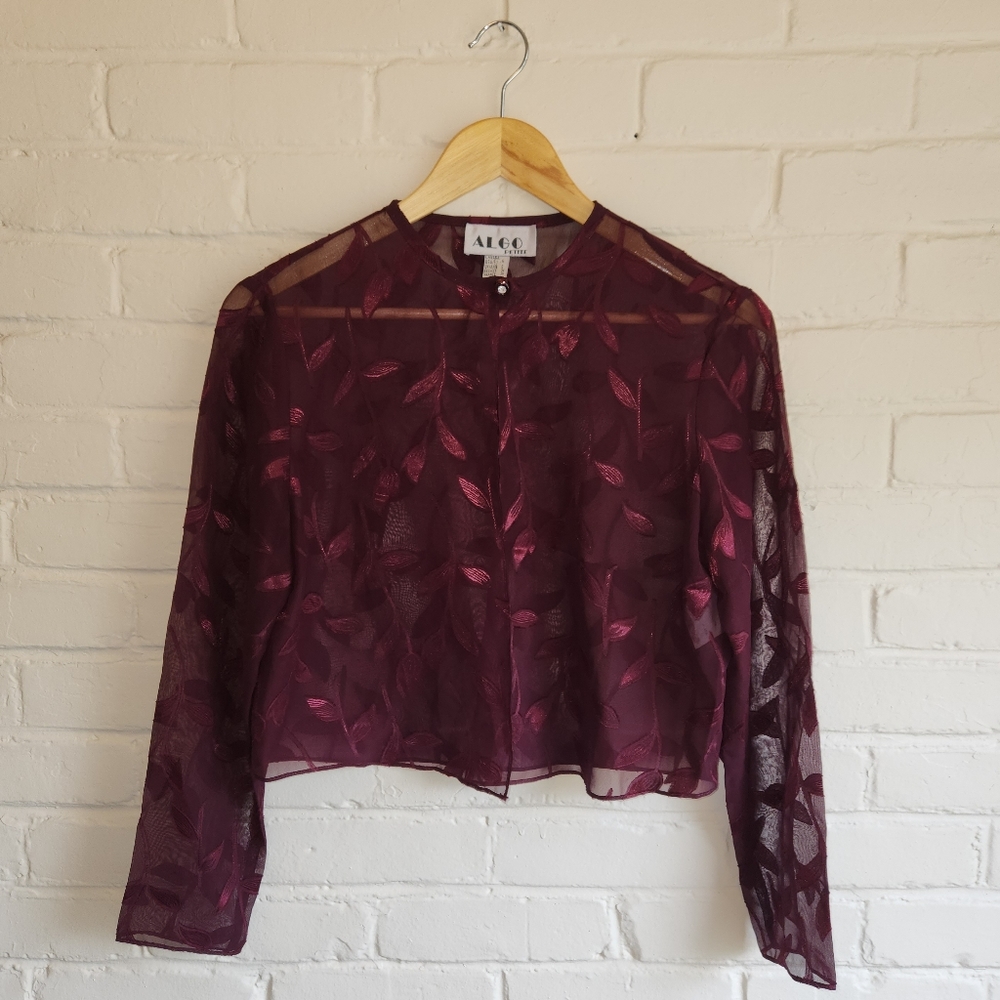 Vintage ALGO Petite Sheer Burgandy Floral Blouse/Cardigan w/ Jeweled Button Sz 6